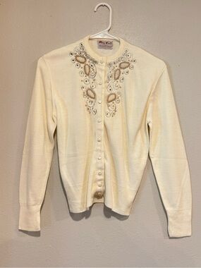 Vintage Play Knit Beaded Pearl Sequin Cardigan Sweater Ivory Glam Retro Size M/L